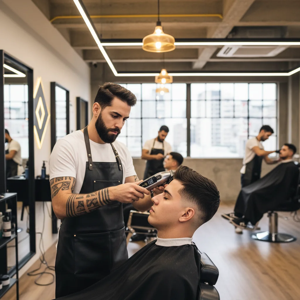 Barbearia moderna com barbeiro usando máquina de corte futurista. Gestão eficiente e inovação.
